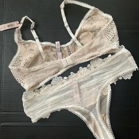 Victoria's Secret 34D BRA SET+36C CORSET+Thong BEIGE white embroidered APPLIQUE